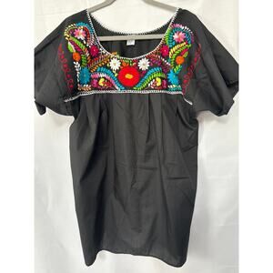 Women’s Liliana Cruz Multicolor Floral Embroidered Black Cotton shirt Sz 2X